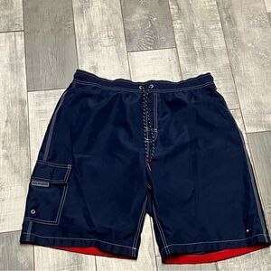 VTG Y2K Tommy Hilfiger Navy Blue Red Lined Hybrid Board Swim Short Contrast L